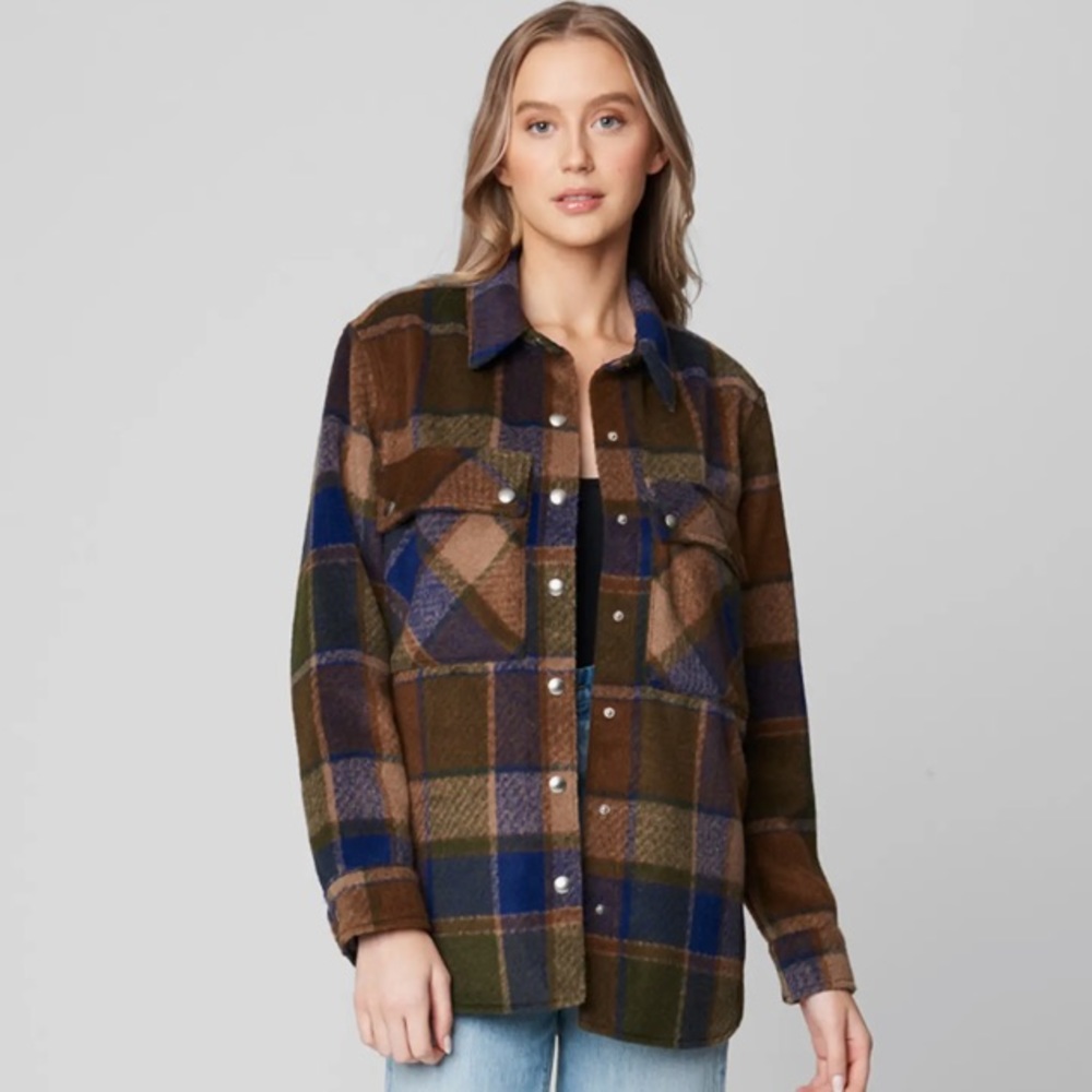 Women’s Plaid Flannel Shirt Jacket Shacket Blank NYC XS Hit the Trail